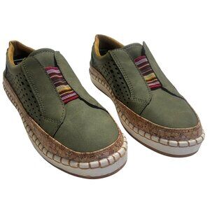 Muted Olive Green Textured Perforated Decorative Colorful Striped Band Sneakers
